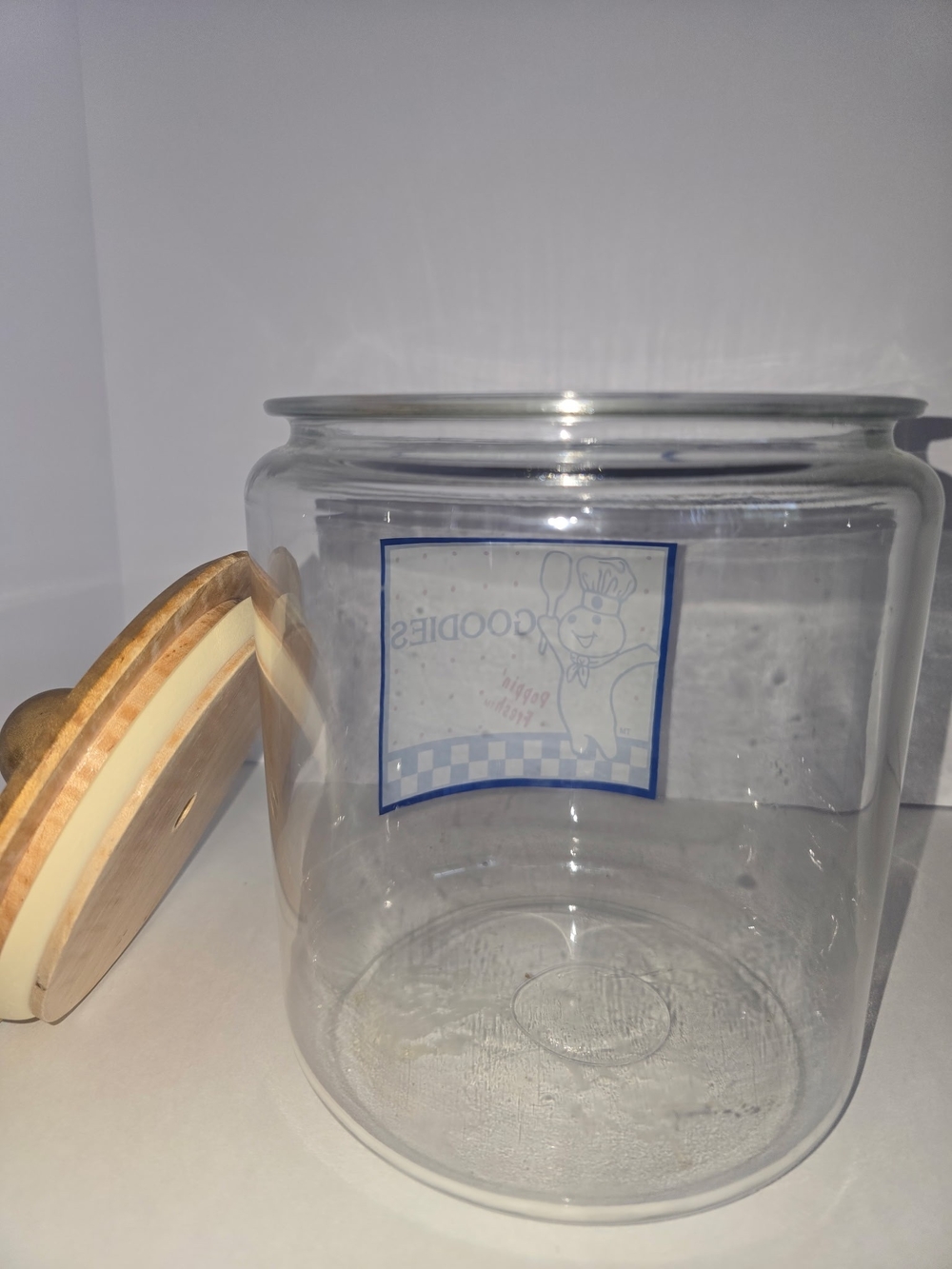 VTG Pillsbury Dough Boy Glass Cookie Jar with Wooden Lid - Picture 3 of 3